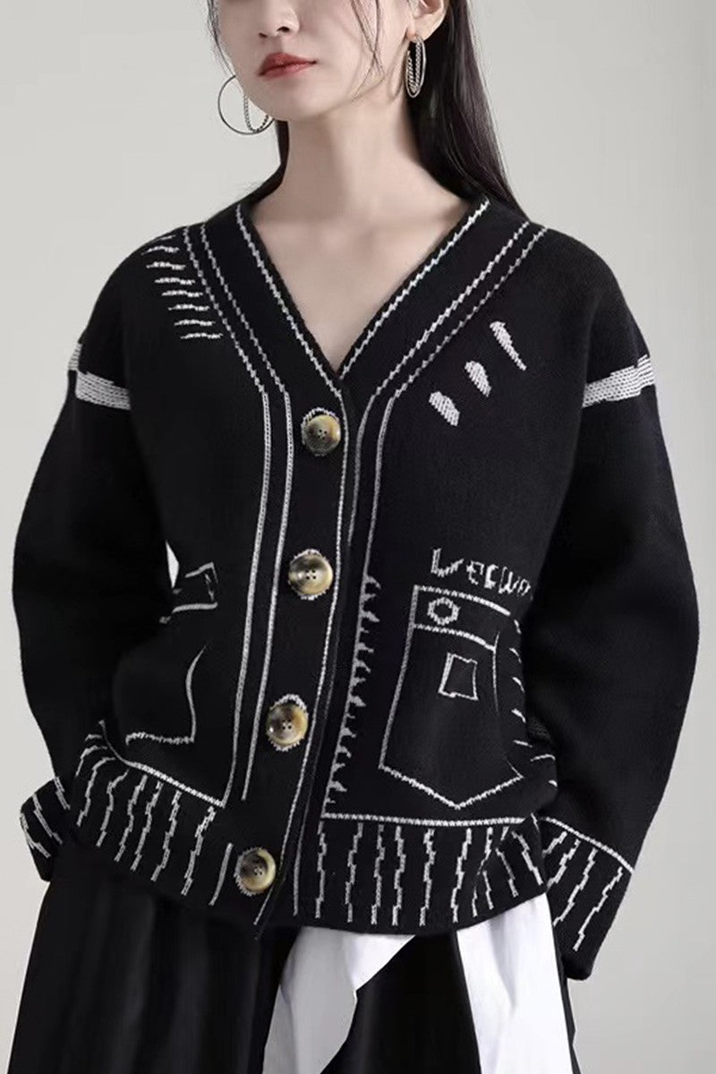 Graphic Knitted Sweater Cardigan-more colors