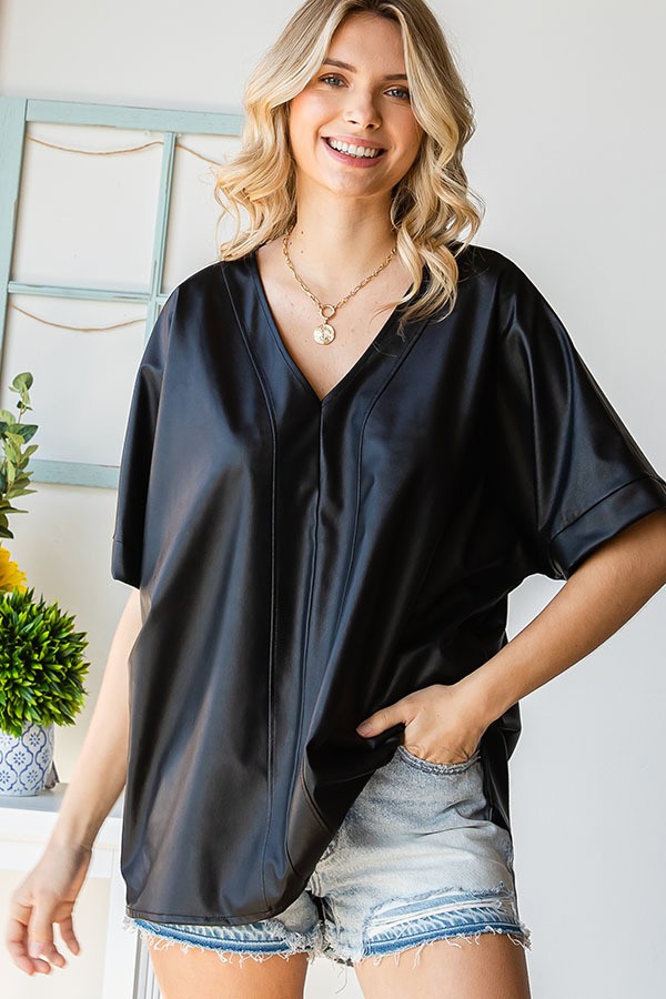 Short Sleeve Faux Leather Top