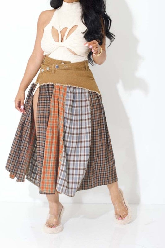 Plaid Open Split Skirt