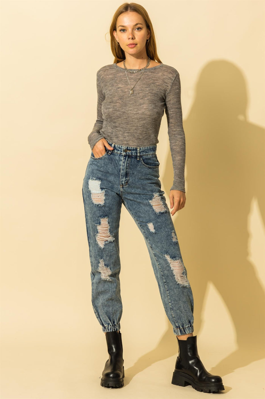 Distressed Denim Jogger