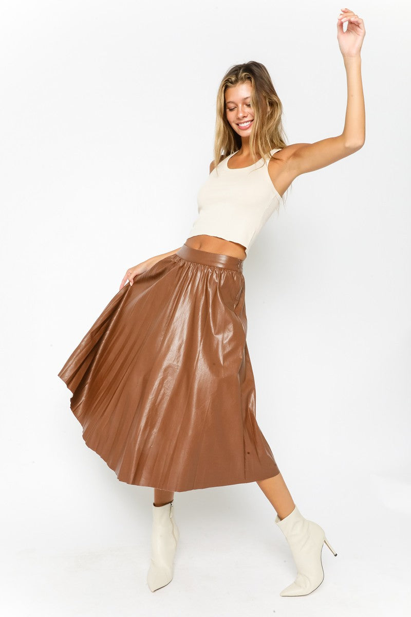 Pleated Faux Leather Skirt