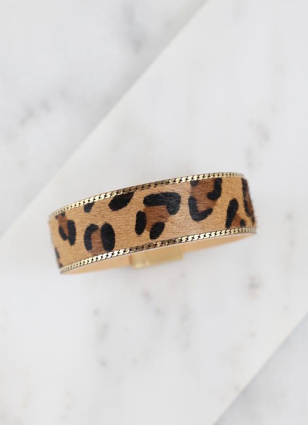 Faux Fur Animal Print Chain Trimmed Magnetic Bracelet