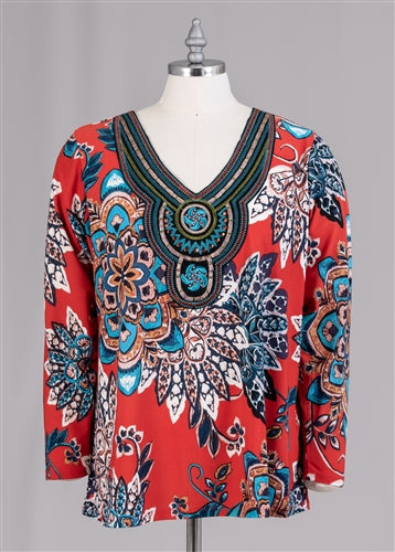 Oversized Southwestern Floral Top w/Bead & Embroidery Detail at Neckline (Plus Size)