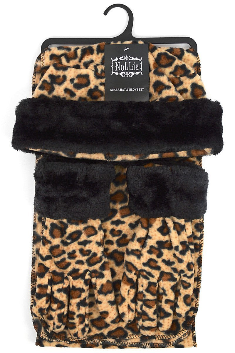 Women's Fleece Leopard Hat, Gloves and Scarf Set