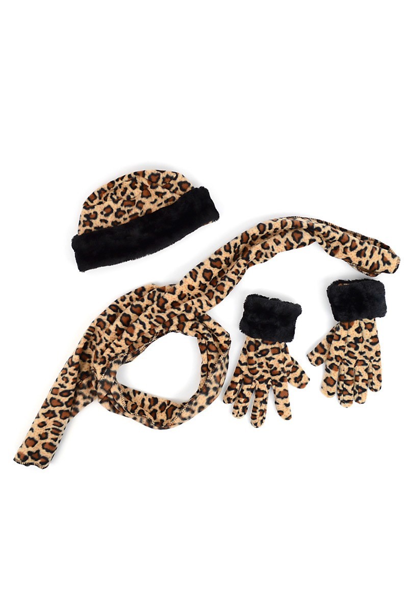 Women's Fleece Leopard Hat, Gloves and Scarf Set