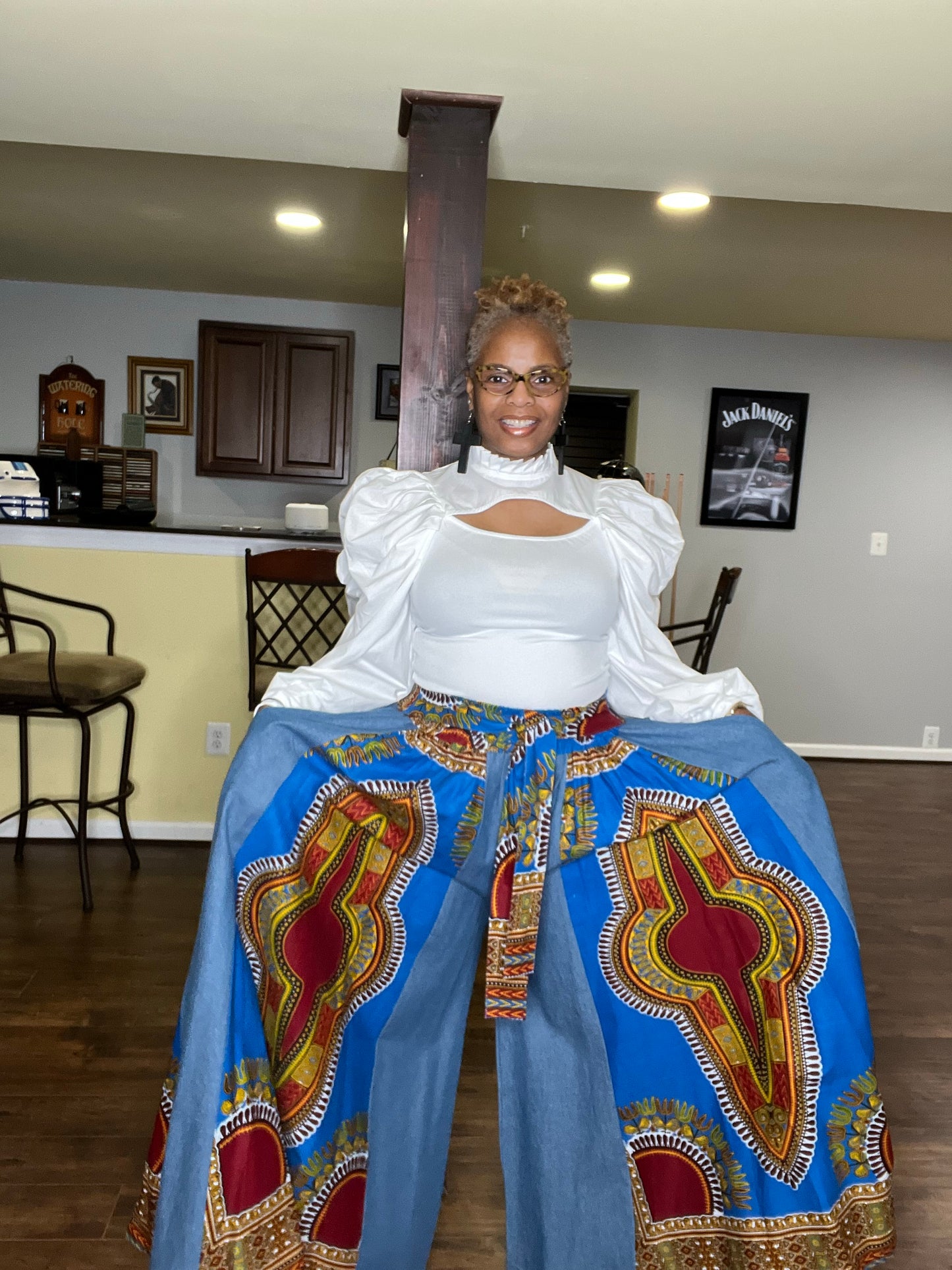 Denim & African Print Palazzo Pants