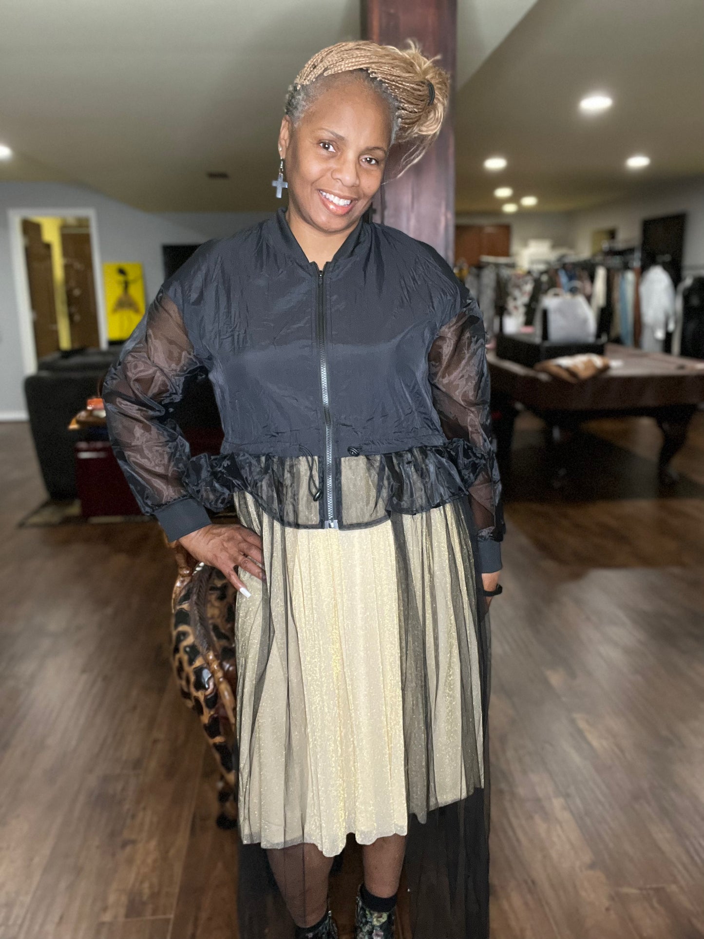 Zara Gold Lined Mesh Elastic Waist Midi Skirt