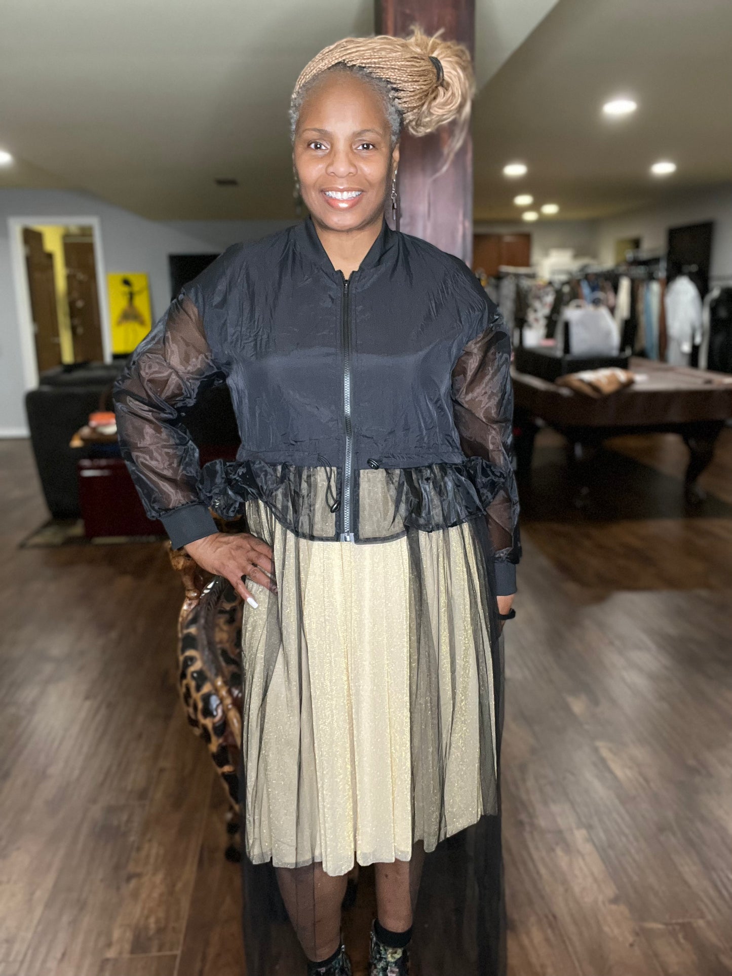 Zara Gold Lined Mesh Elastic Waist Midi Skirt