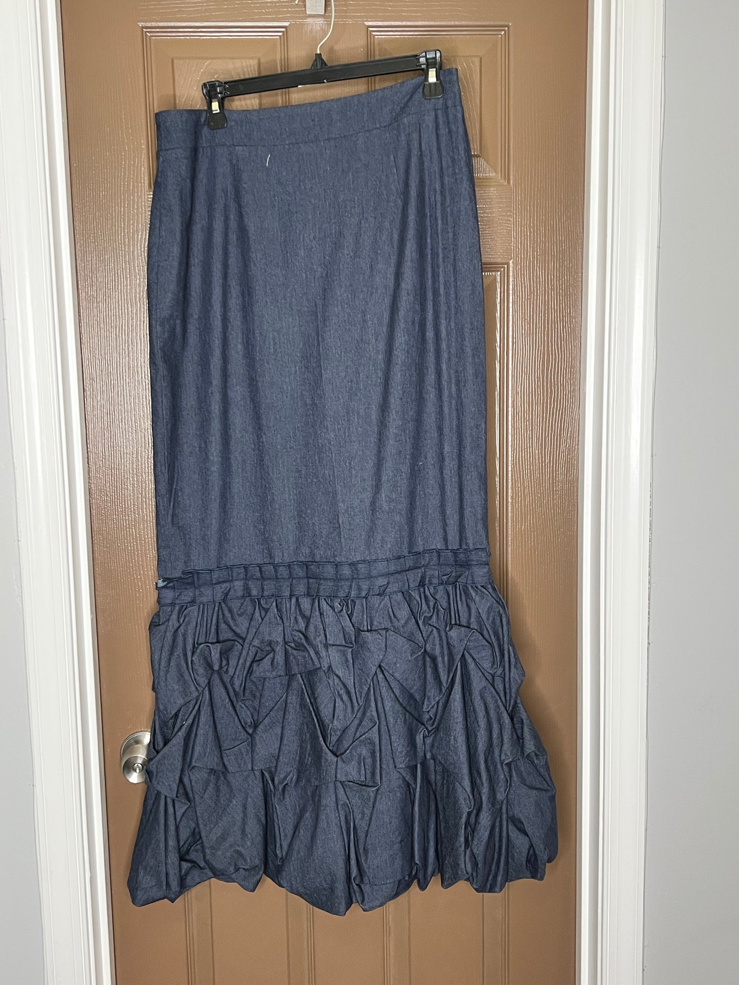 Denim Ruffle Bottom Maxi Skirt