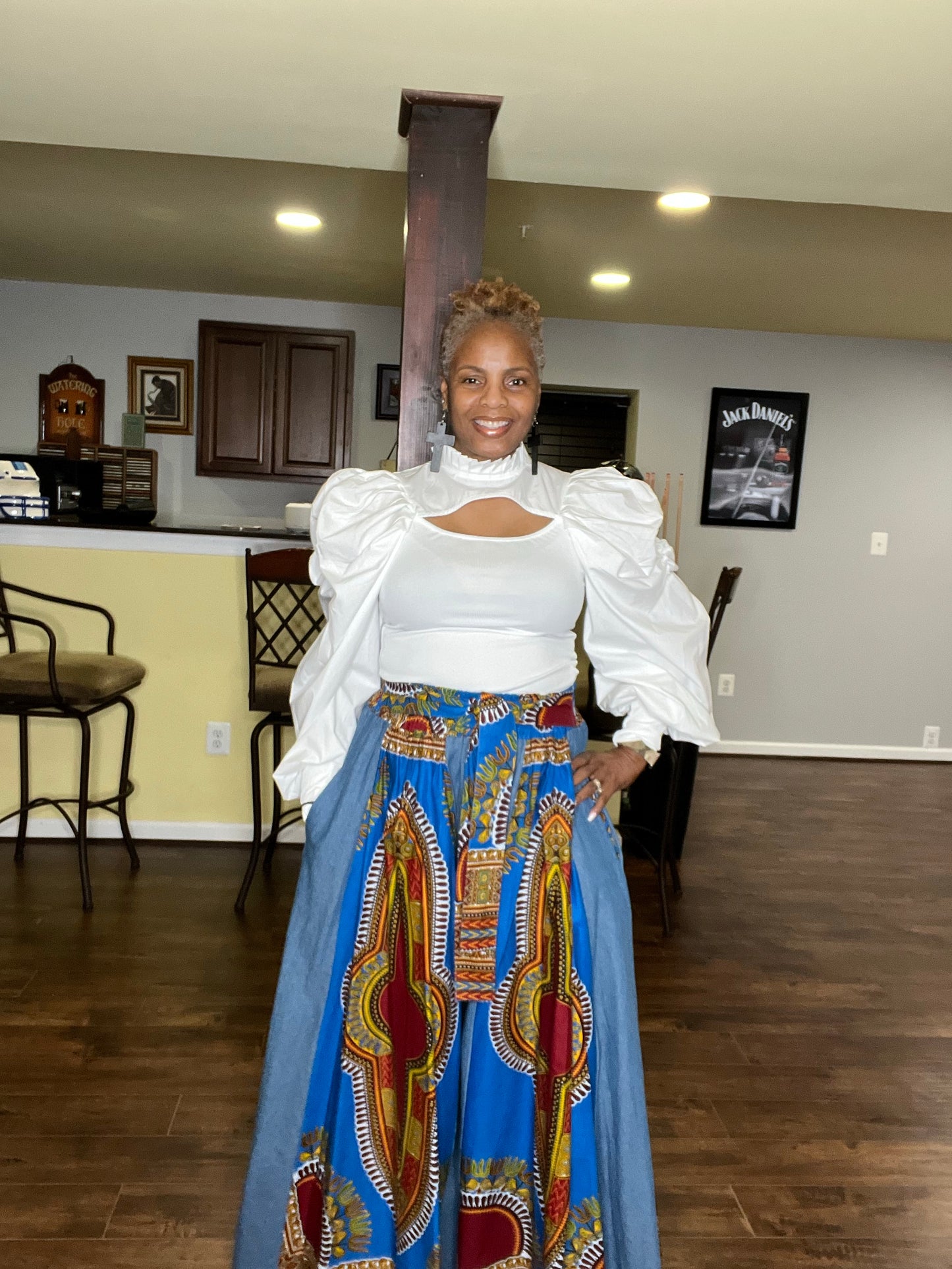 Denim & African Print Palazzo Pants
