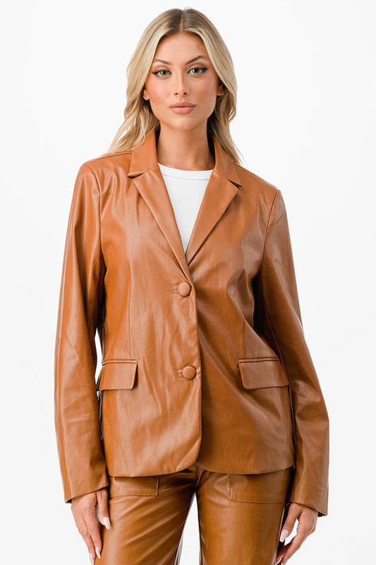 Camel Faux Leather Blazer