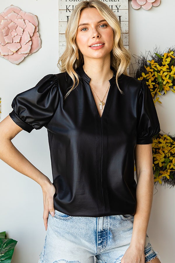 Short Sleeve Faux Leather Top
