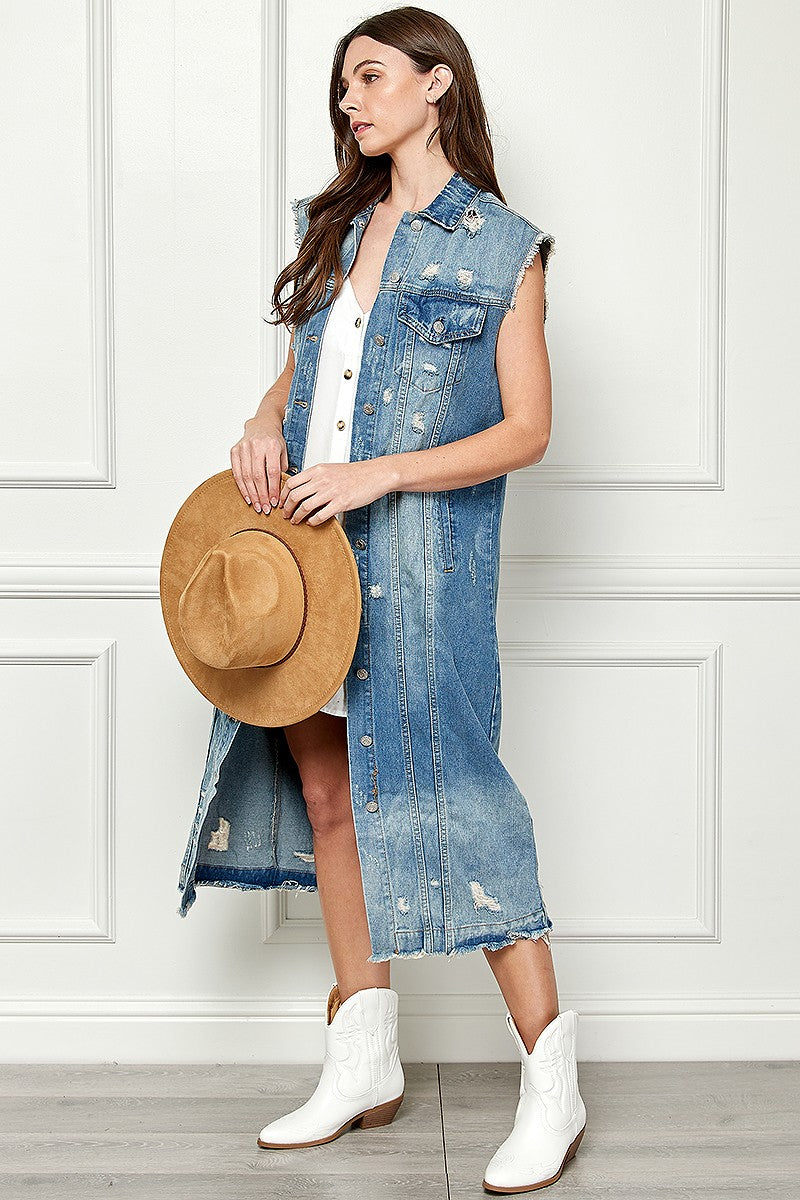 Distressed Denim Duster Vest