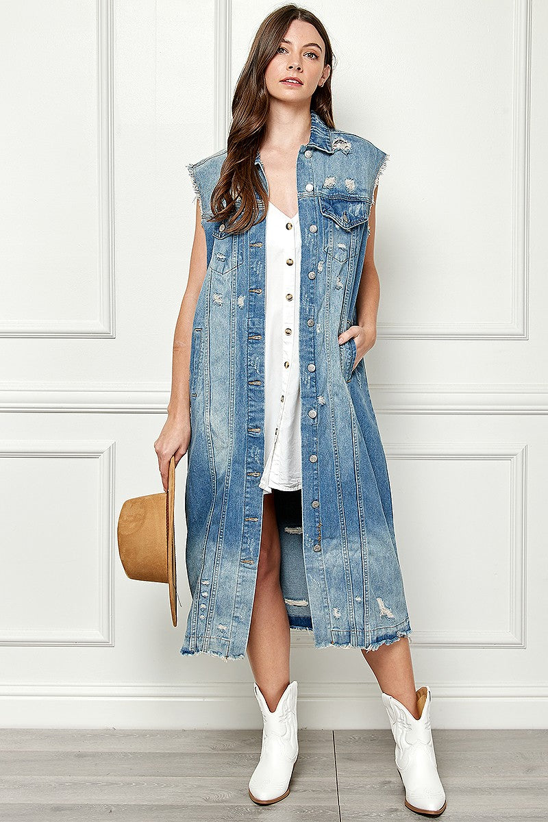 Distressed Denim Duster Vest