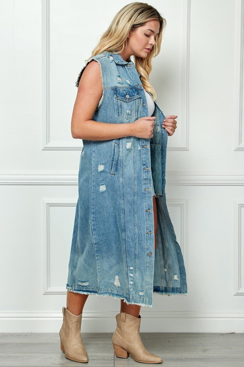 Distressed Denim Duster Vest