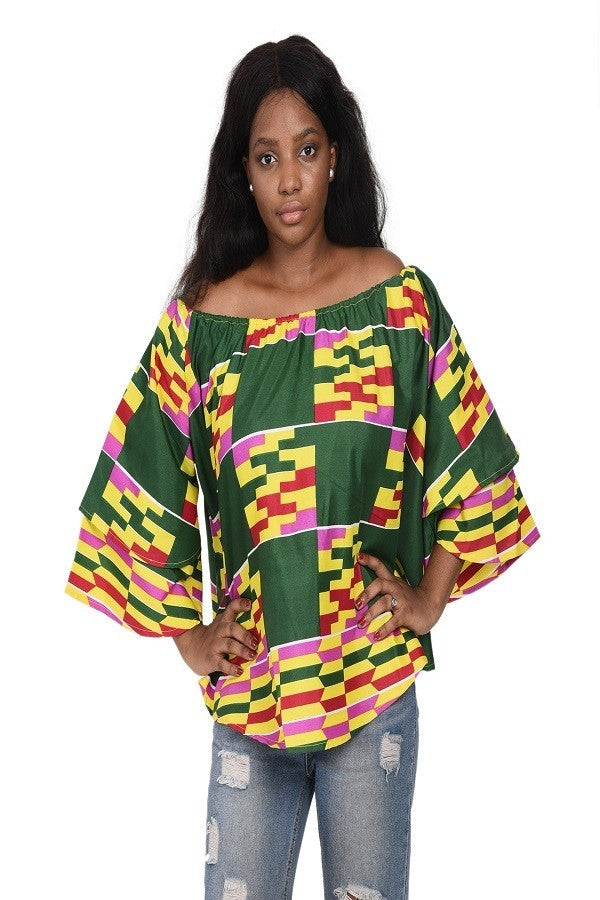 Color Block African Print Off-Shoulder Top (One Size)