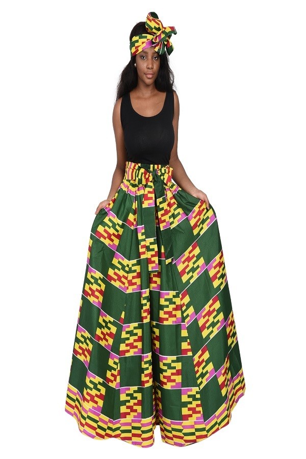 Color Block African Print Palazzo Pants w/Headwrap (One Size)