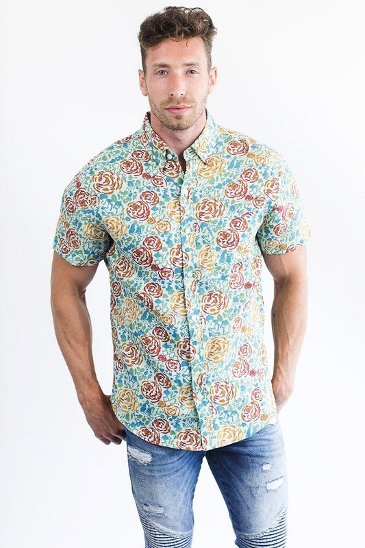Classic Floral Short Sleeve Linen & Cotton Blend Men's Shirt