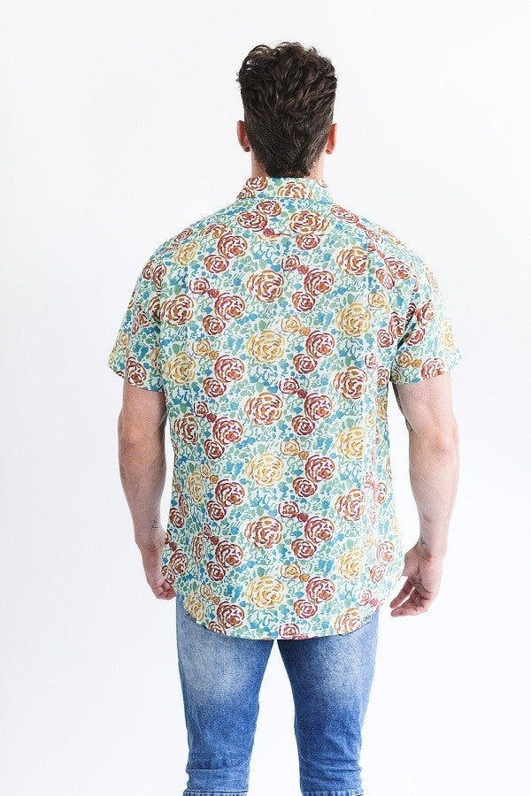 Classic Floral Short Sleeve Linen & Cotton Blend Men's Shirt
