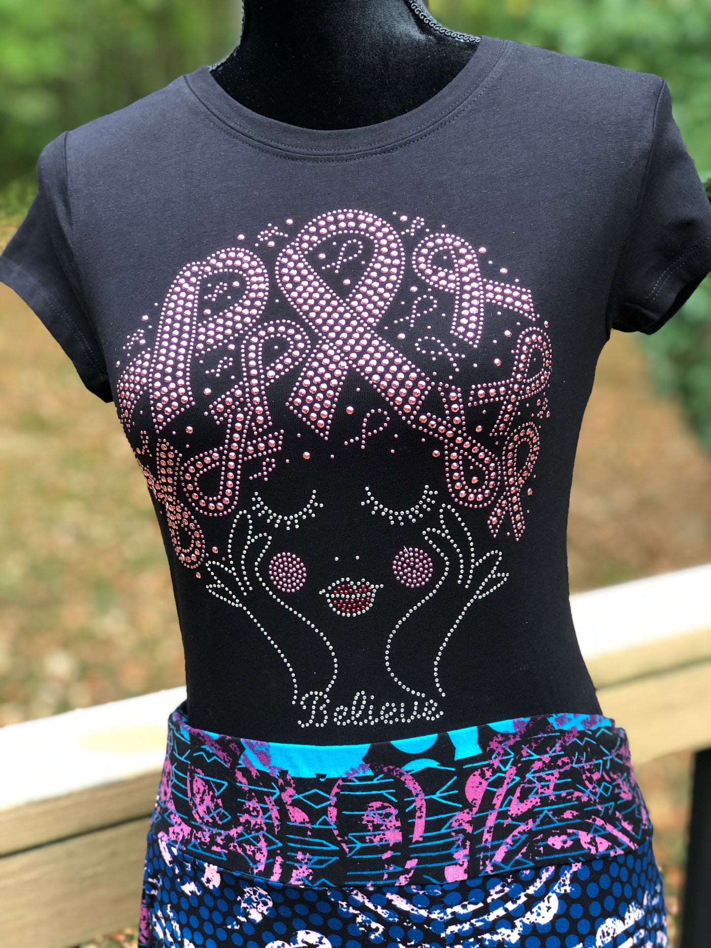 Believe Pink Ribbon Bling Afro Breast Cancer Awareness T-shirt