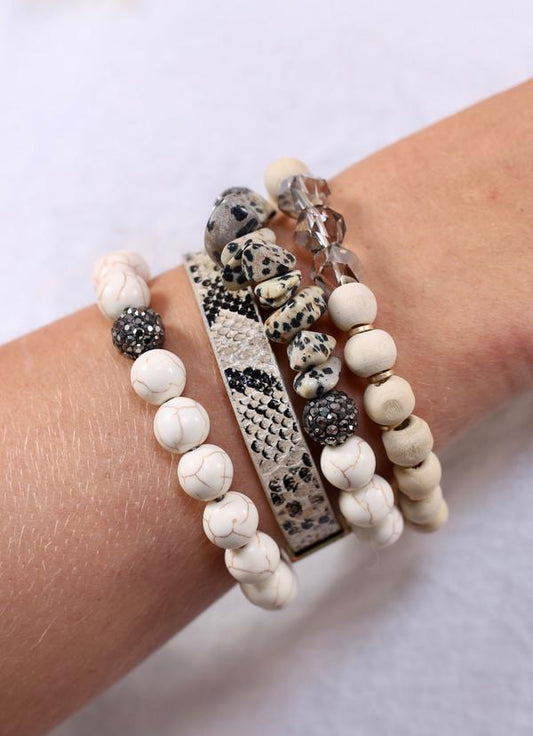 Ivory Beaded And Animal Print Bracelet Set