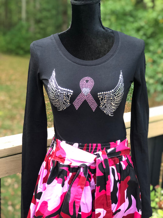 Pink Ribbon w/Silver Wings Longsleeve Bling T-Shirt