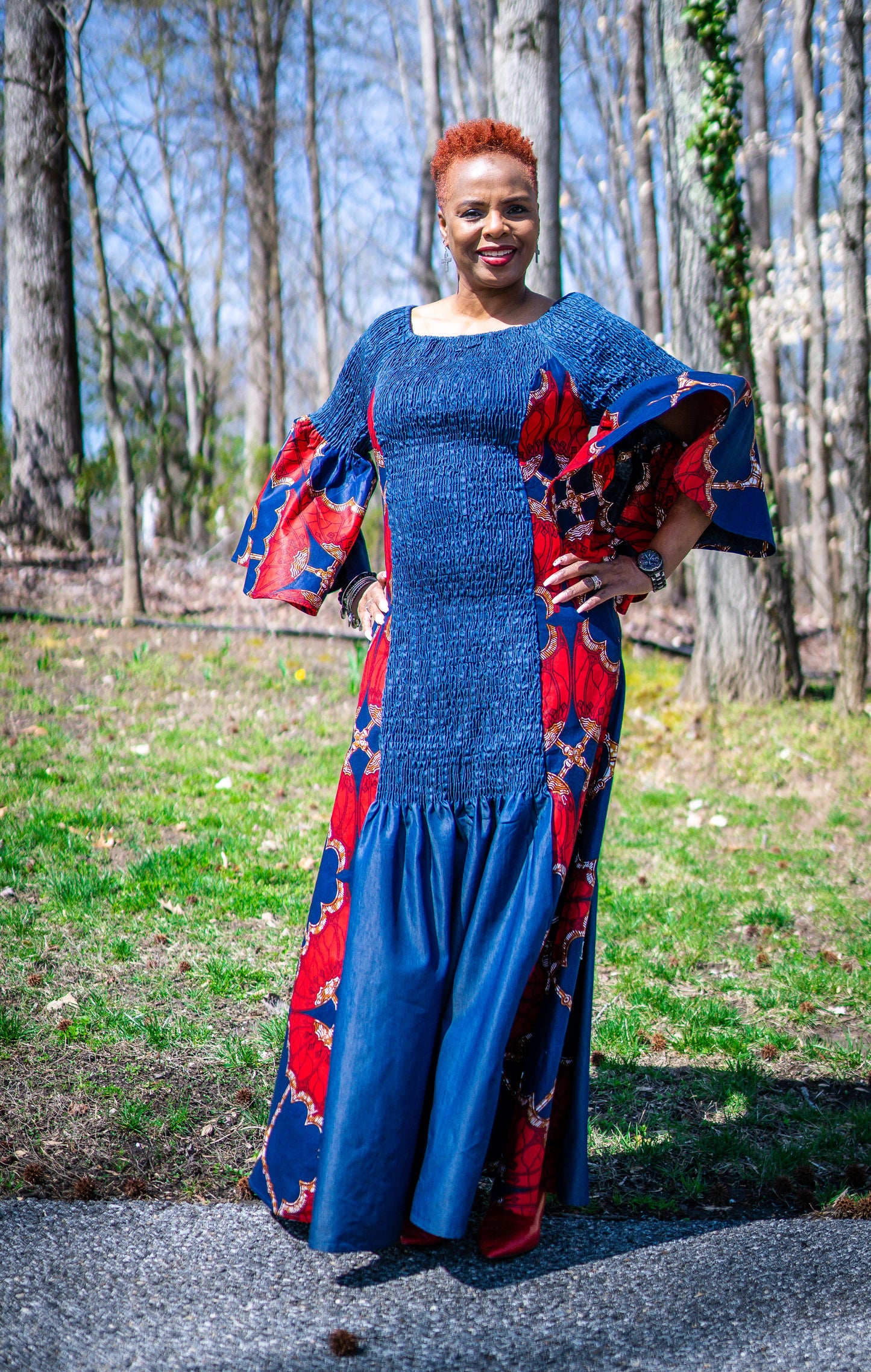 Denim and Red Insert Bell Sleeve Off-Shoulder Maxi Dress w/Pockets (ONE SIZE)
