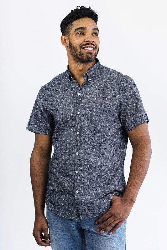 Classic Paisley Print Egyptian Blue 100% Satin Cotton Men's Short Sleeve Shirt