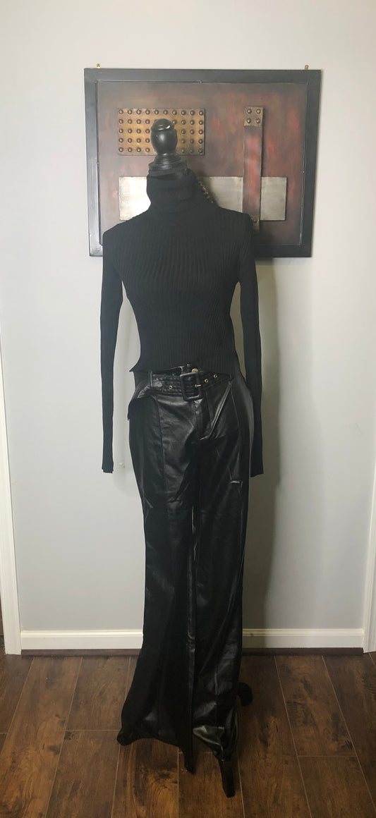Black Faux Leather Belted Wide Leg Pant
