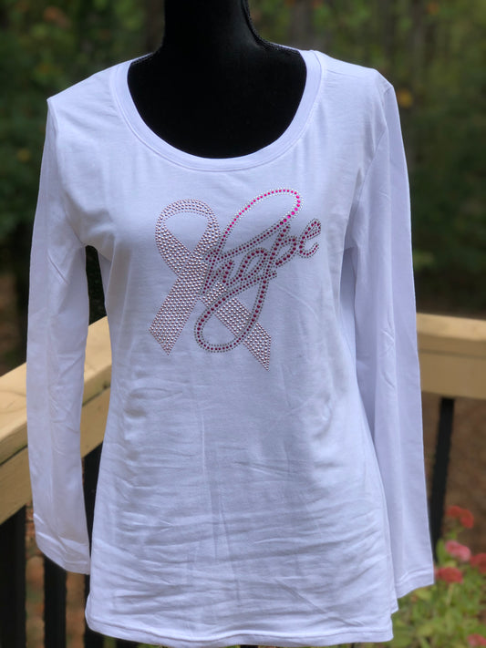 Hope Pink Ribbon Long Sleeve Breast Cancer Awareness Bling T-shirt