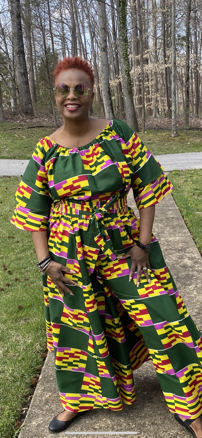 Color Block African Print Palazzo Pants w/Headwrap (One Size)