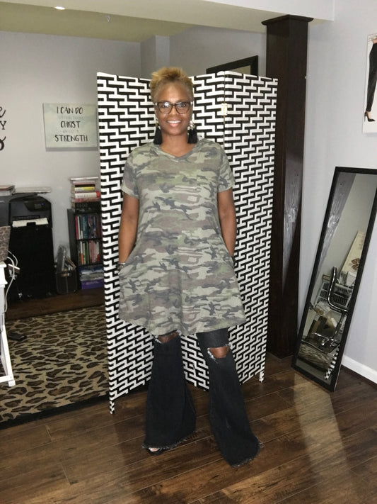 Camo Hoodie Knit Tunic with Pockets