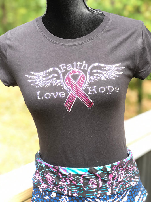 Faith, Hope, Love on Wings Breast Cancer Awareness Bling T-shirt
