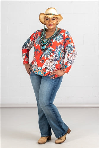 Oversized Southwestern Floral Top w/Bead & Embroidery Detail at Neckline (Plus Size)
