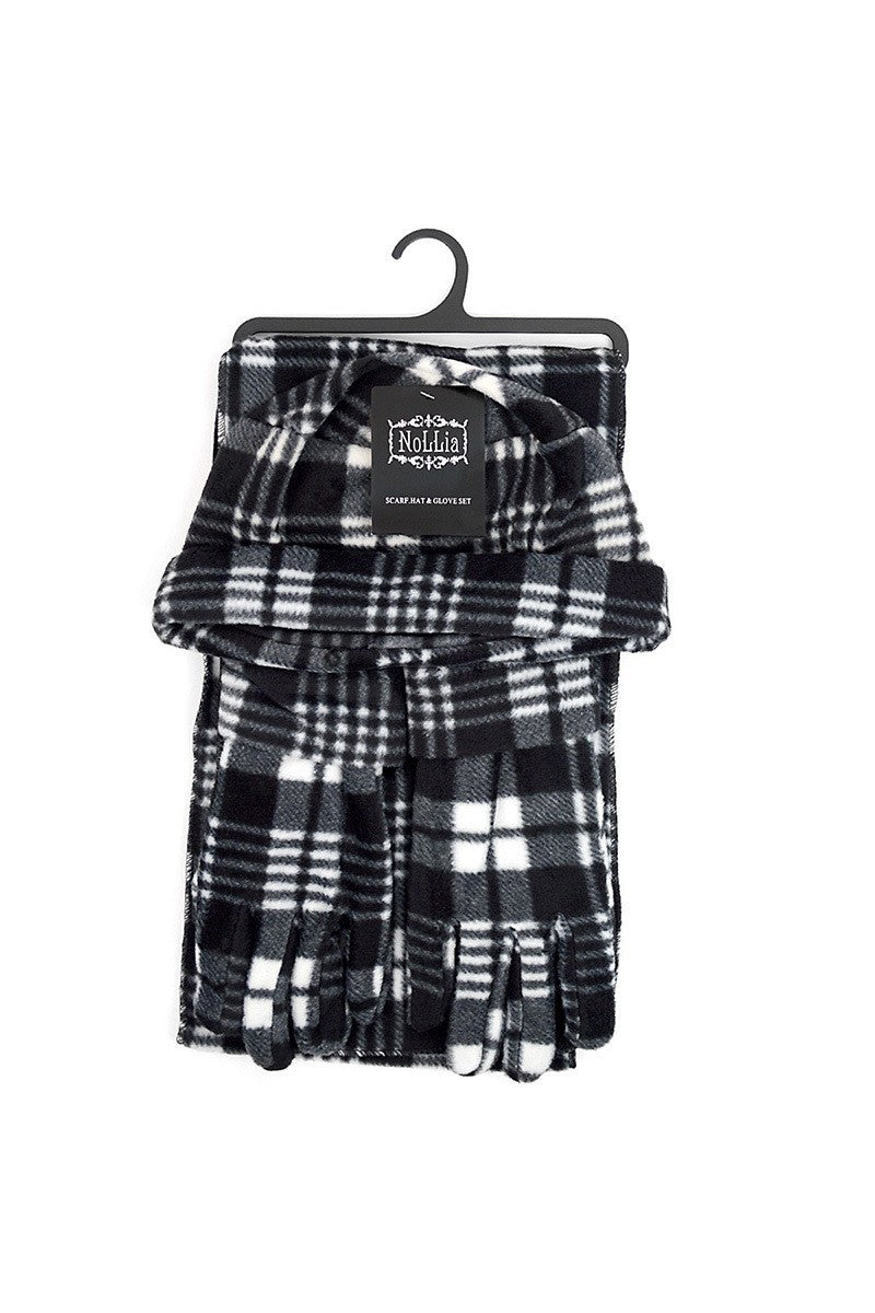 Women's Gray Plaid Fleece Hat, Gloves and Scarf Set