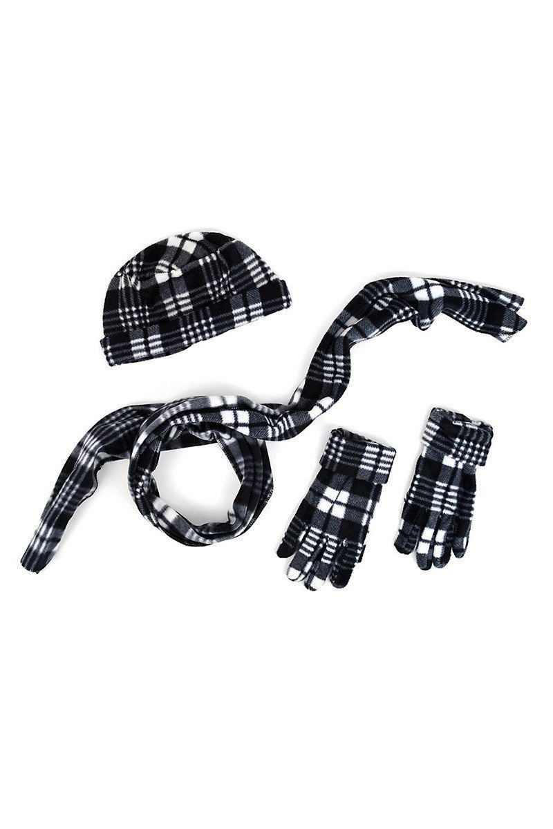 Women's Gray Plaid Fleece Hat, Gloves and Scarf Set