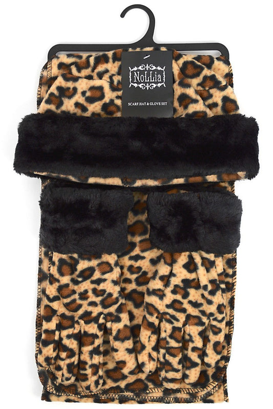 Women's Fleece Leopard  Hat, Gloves and Scarf Set