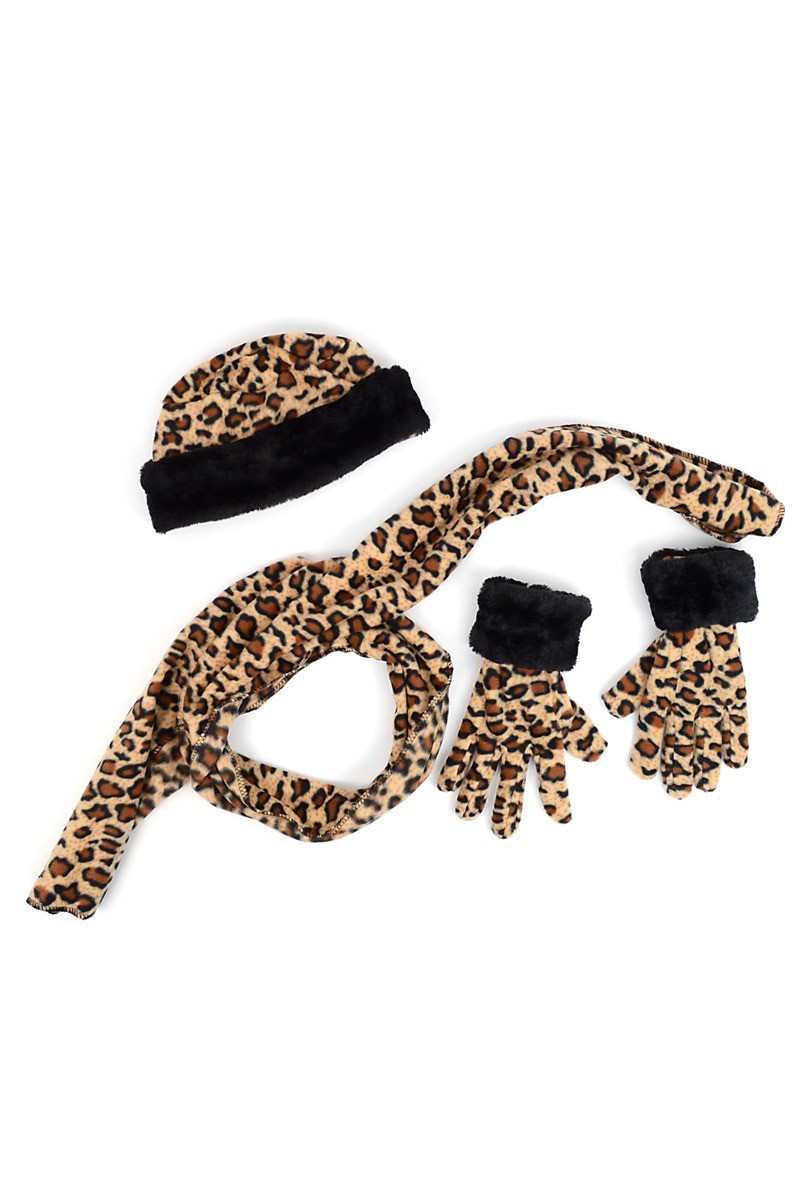 Women's Fleece Leopard  Hat, Gloves and Scarf Set