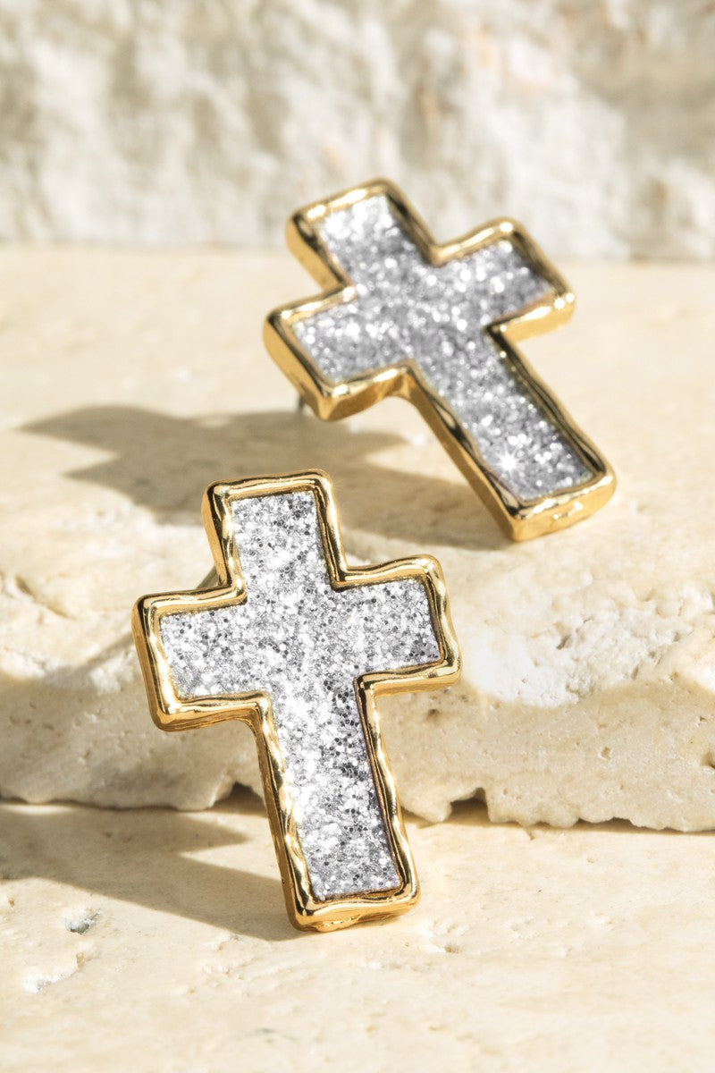 Sparkle Cross Faux Leather Earrings