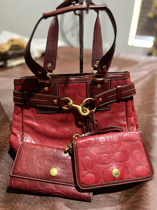 Red & Burgundy Leather Coach Handbag