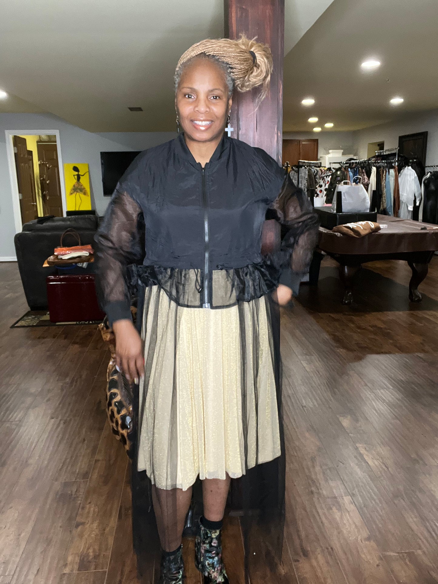 Zara Gold Lined Mesh Elastic Waist Midi Skirt