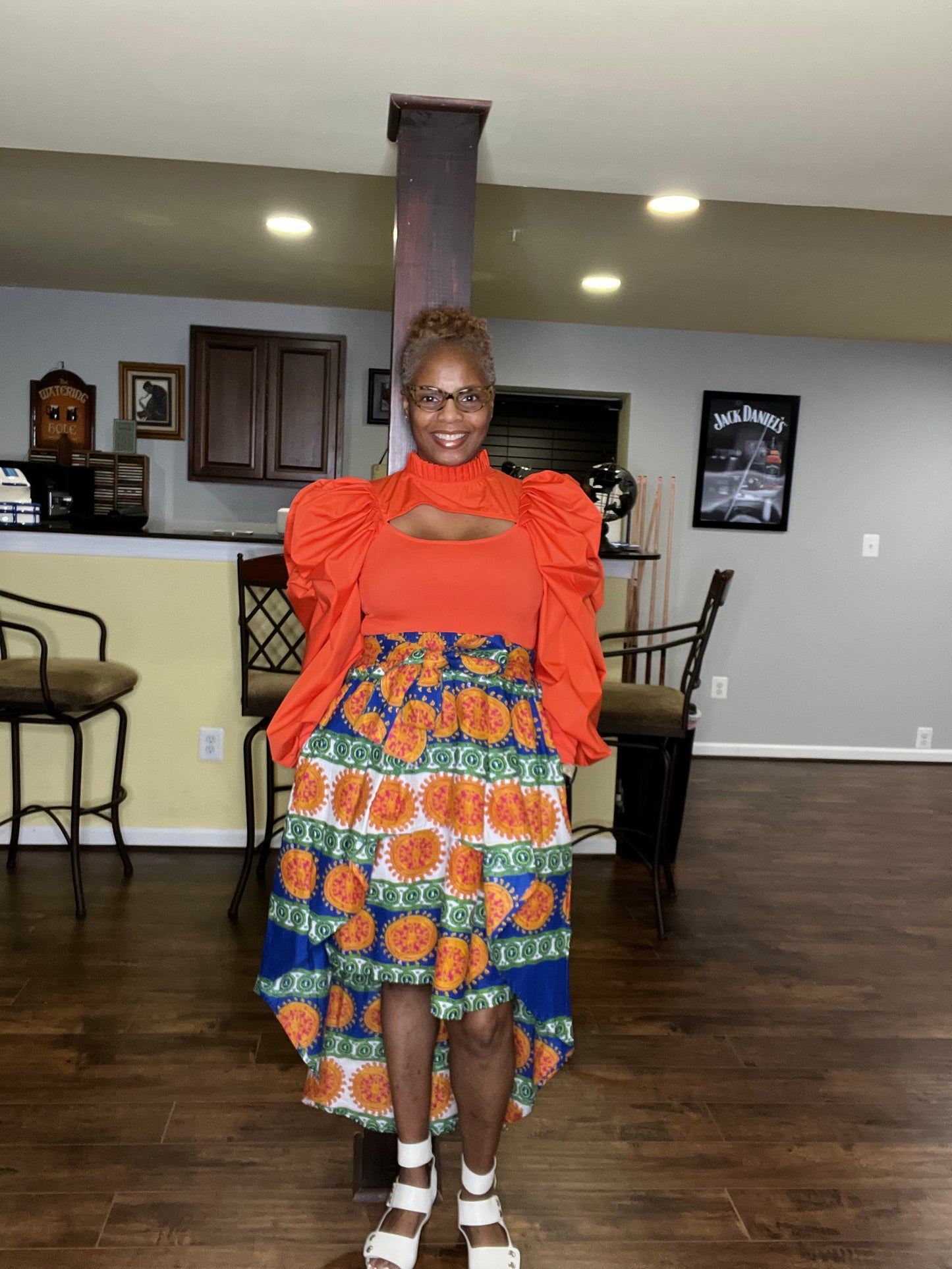Orange & White Hi-Lo African Print Skirt