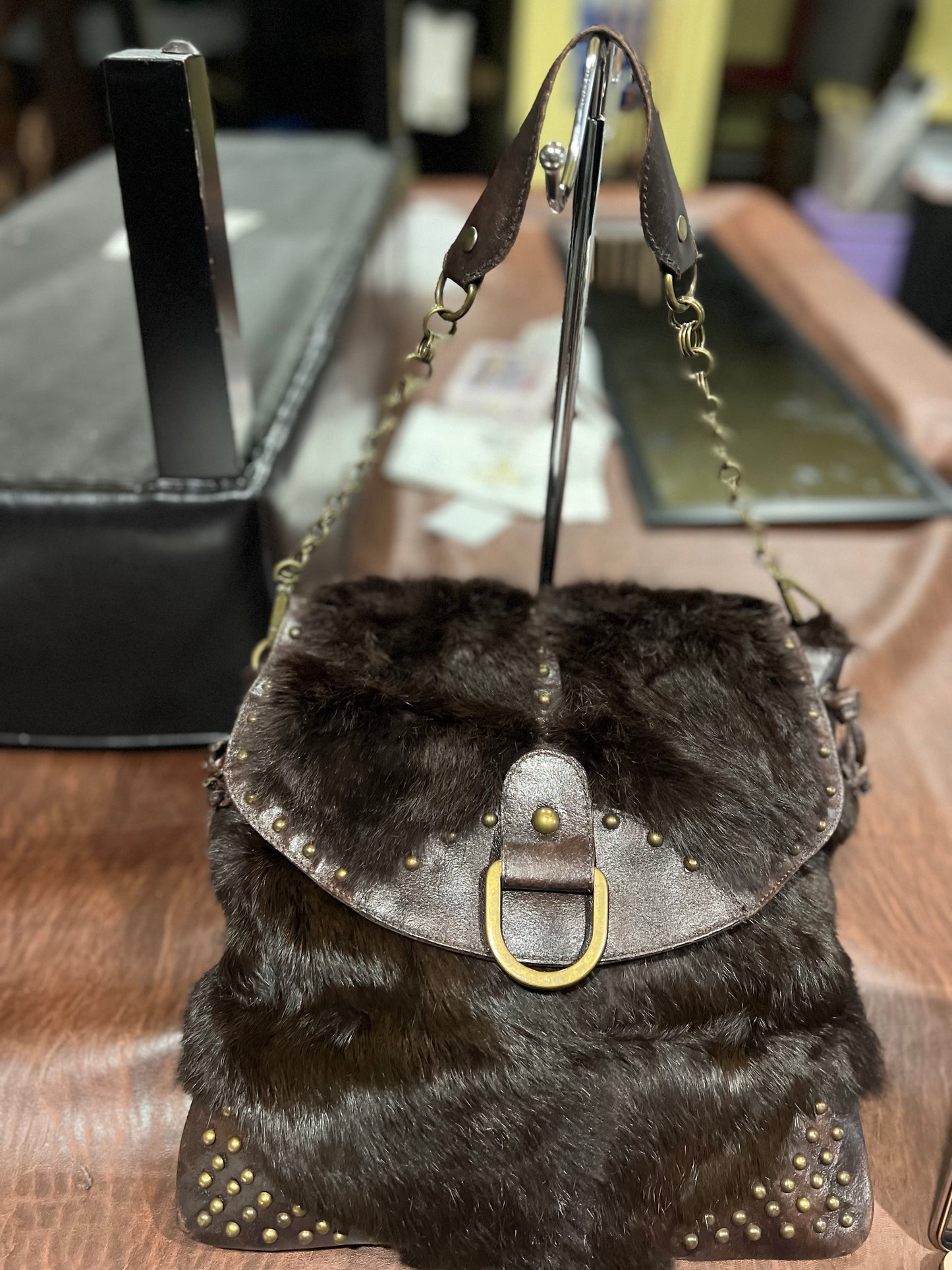 Guias 100% Brown Leather & Faux Fur Handbag